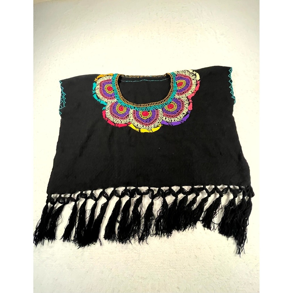 Womens Fringe Poncho Top Black Handmade Mexican Embroidered Boho Huipil Crewneck